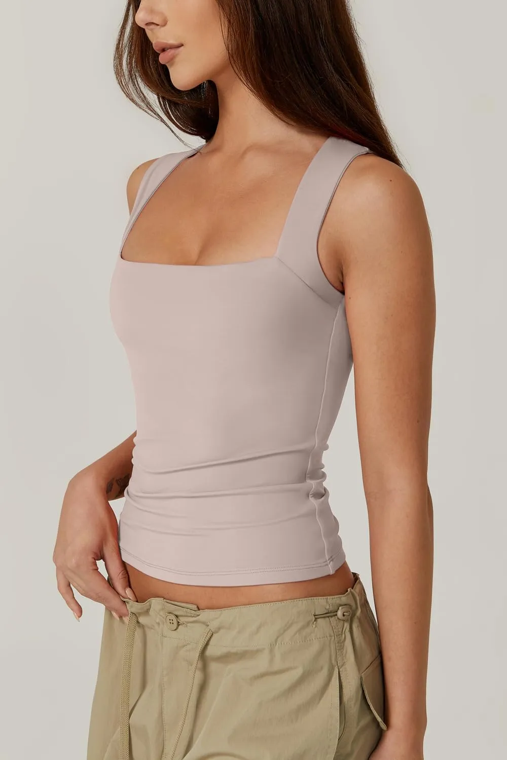 QINSEN Women's Square Neck Sleeveless Double-Layer Tank Tops Basic Tight T Shirts
