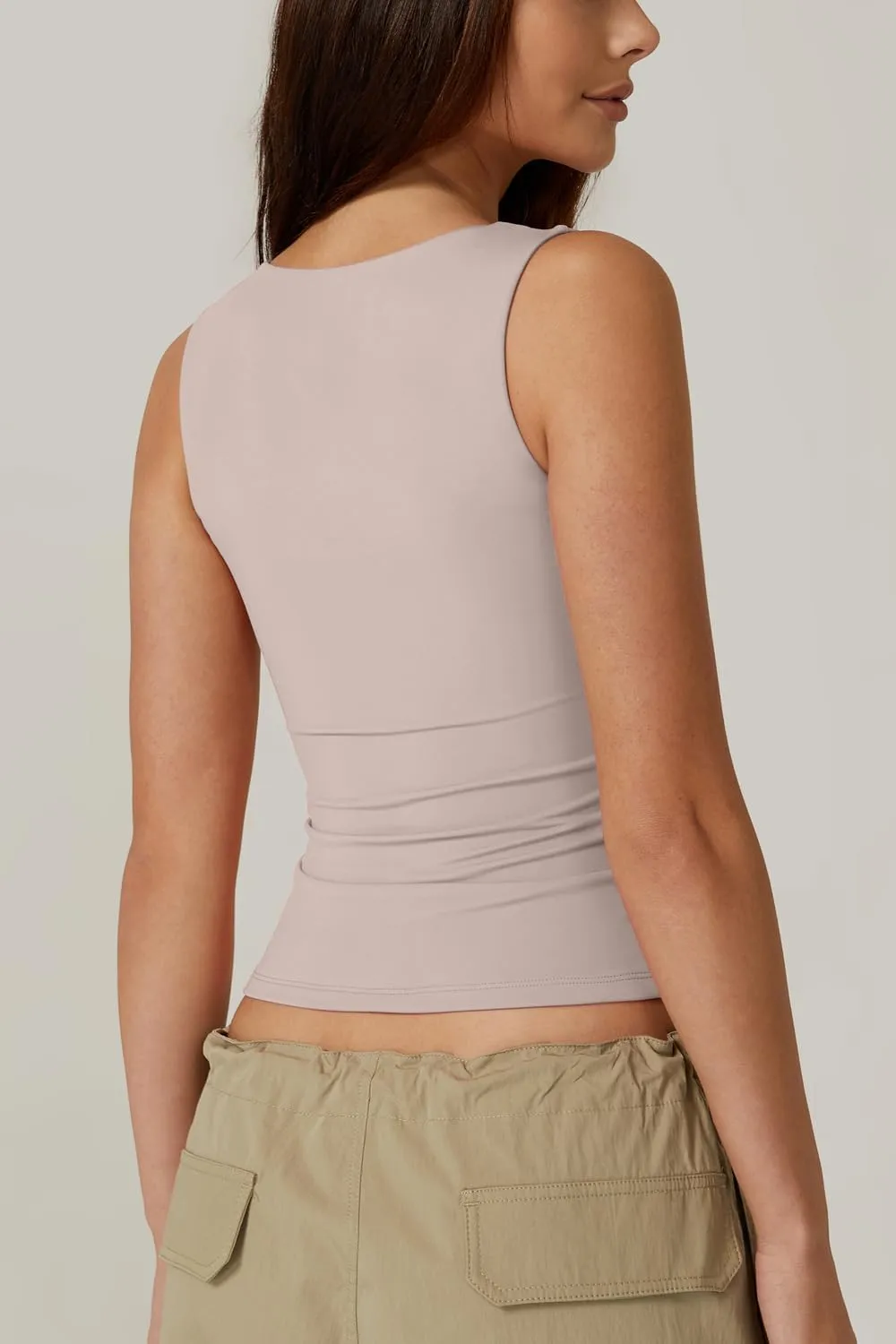 QINSEN Women's Square Neck Sleeveless Double-Layer Tank Tops Basic Tight T Shirts