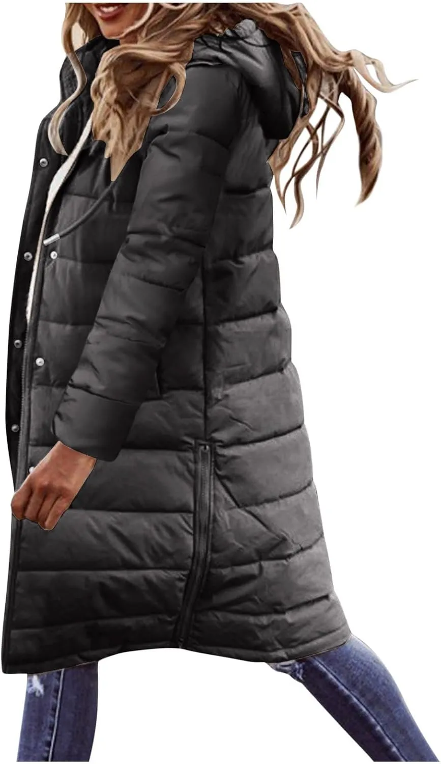 Quilted Lightweight Jackets for Women Warm Winter Coats Long Hooded Puffer Jackets Thickened Down Coats Outerwear