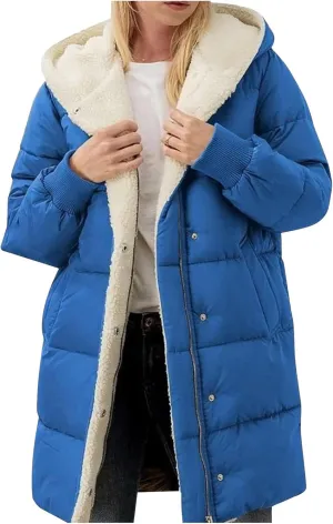 Quilted Puffer Jacket for Women Lined Fleece Coat Loose Fit Long Sleeve Hood Overcoat 2024 Temperament Cardigan Coats