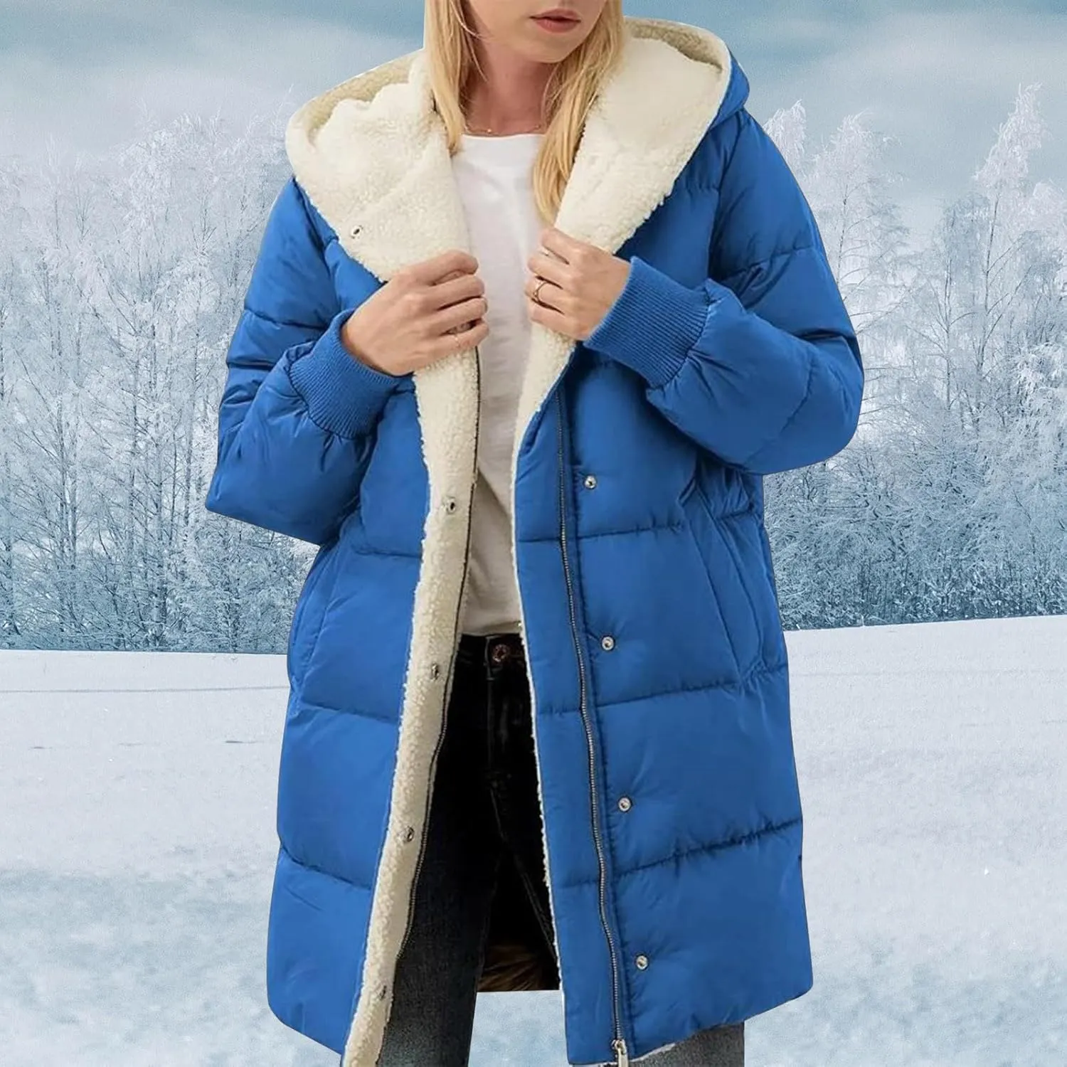 Quilted Puffer Jacket for Women Lined Fleece Coat Loose Fit Long Sleeve Hood Overcoat 2024 Temperament Cardigan Coats
