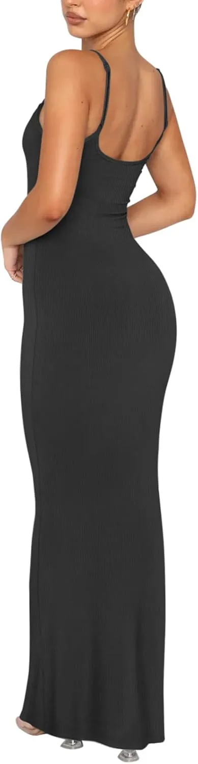 REORIA Women's Basic Sexy Lounge Slip Long Dress Elegant Sleeveless Backless Ribbed Bodycon Maxi Dresses