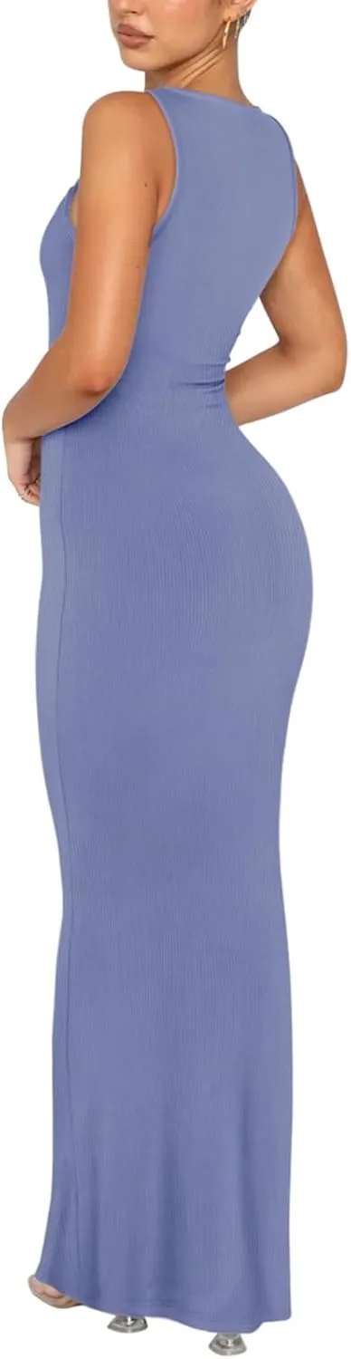 REORIA Women's Basic Sexy Lounge Slip Long Dress Elegant Sleeveless Backless Ribbed Bodycon Maxi Dresses