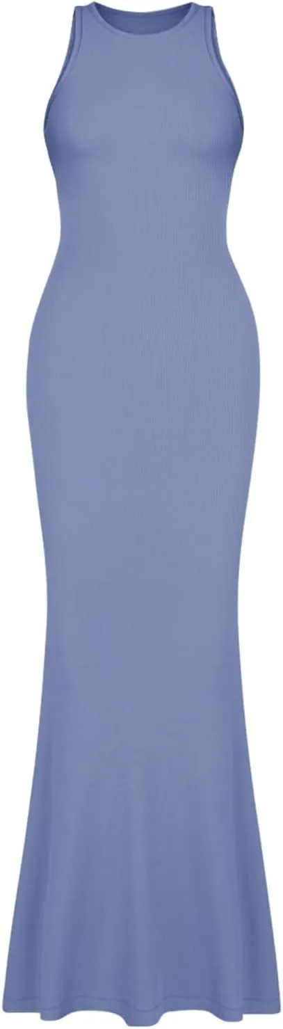 REORIA Women's Basic Sexy Lounge Slip Long Dress Elegant Sleeveless Backless Ribbed Bodycon Maxi Dresses
