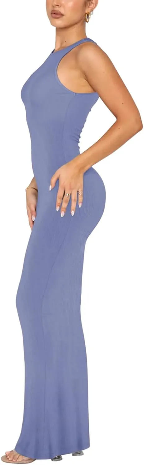 REORIA Women's Basic Sexy Lounge Slip Long Dress Elegant Sleeveless Backless Ribbed Bodycon Maxi Dresses