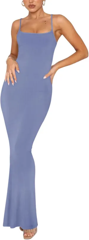 REORIA Women's Basic Sexy Lounge Slip Long Dress Elegant Sleeveless Backless Ribbed Bodycon Maxi Dresses