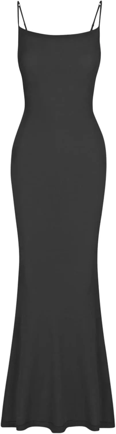 REORIA Women's Basic Sexy Lounge Slip Long Dress Elegant Sleeveless Backless Ribbed Bodycon Maxi Dresses