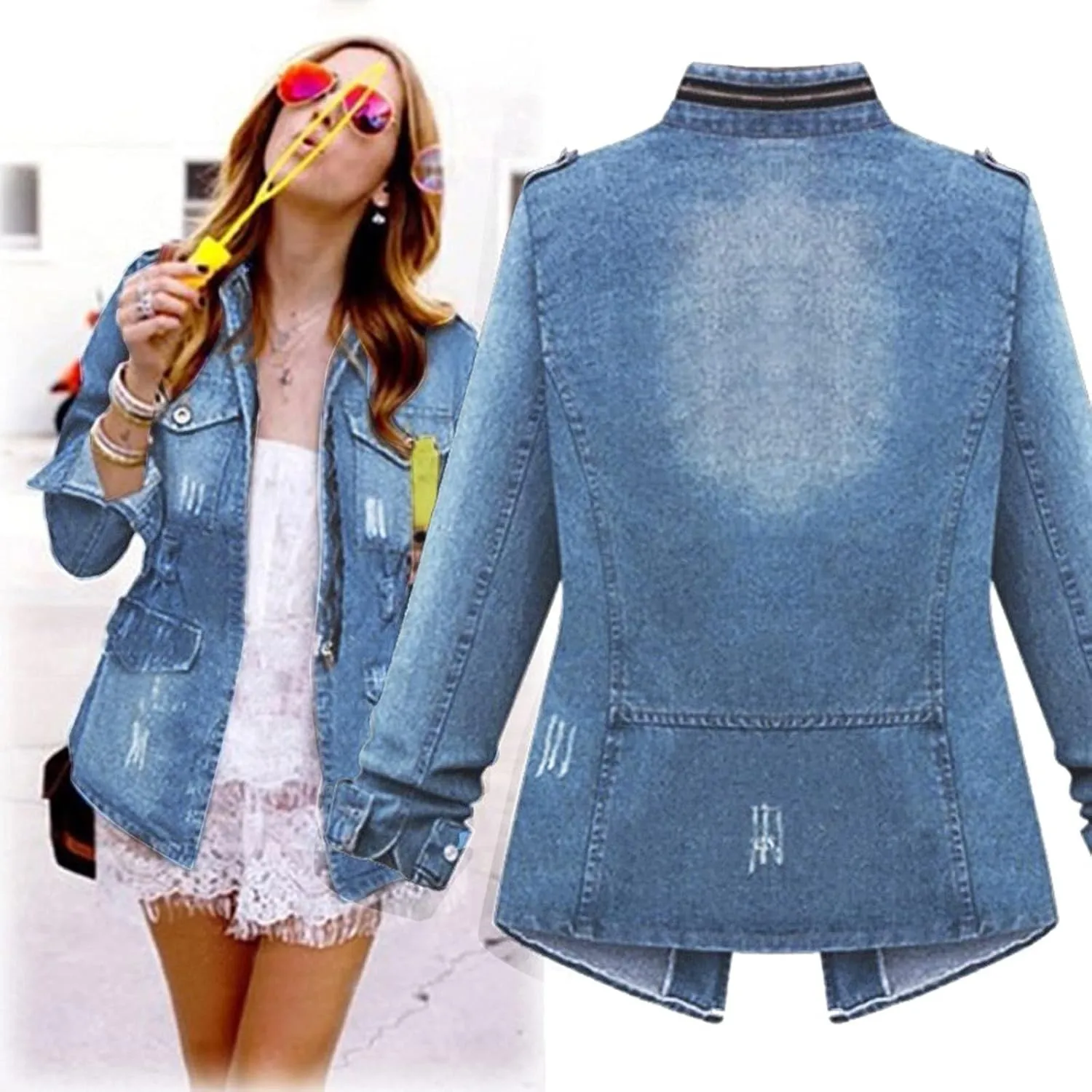 RMXEi Plus Size Casual Womens Ladies Denim Oversize Jeans Chain Jacket Pocket Coat
