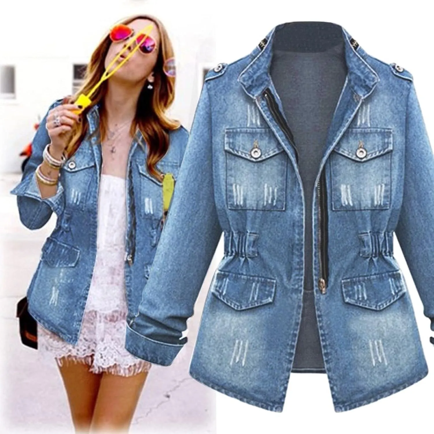 RMXEi Plus Size Casual Womens Ladies Denim Oversize Jeans Chain Jacket Pocket Coat