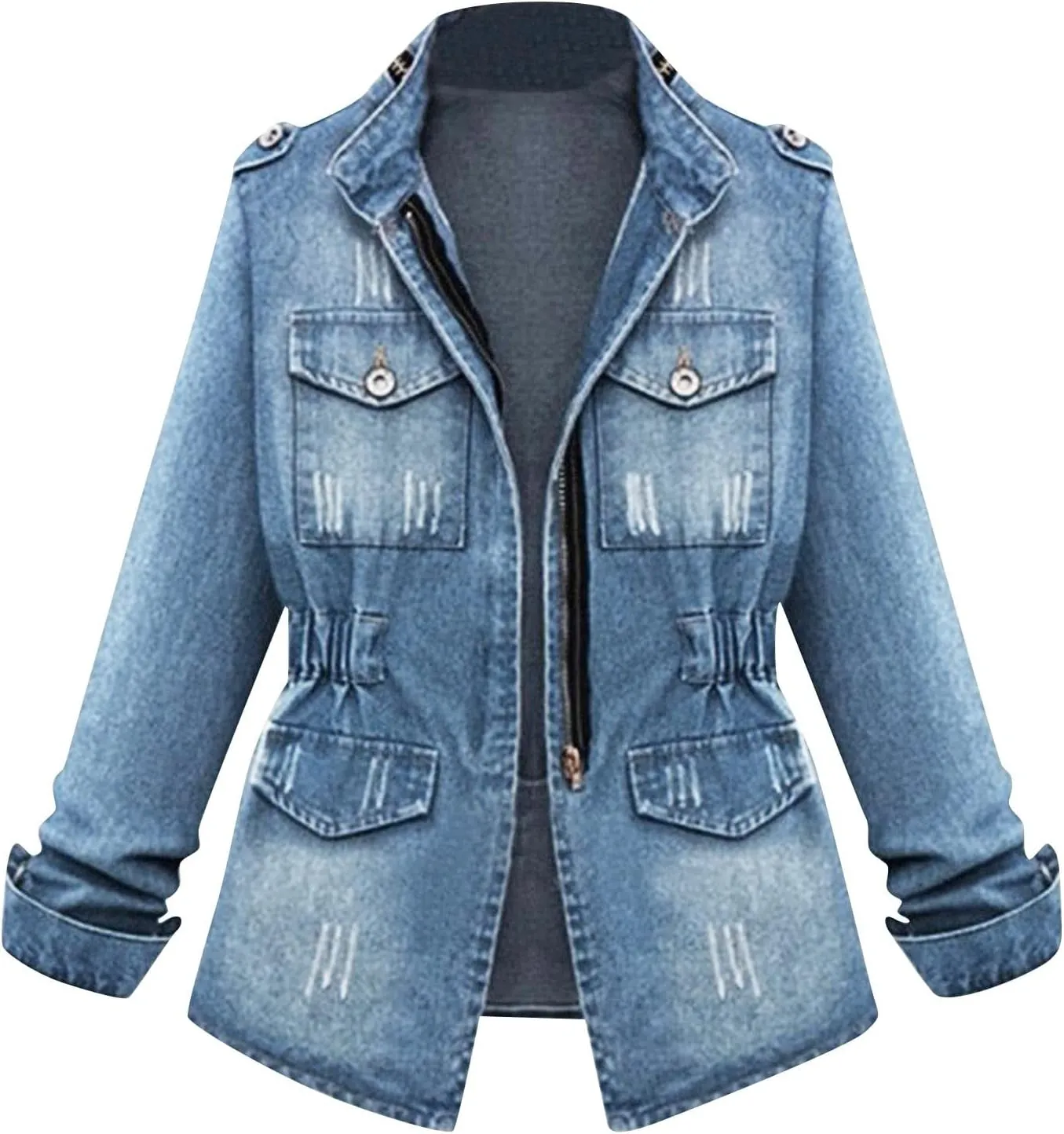 RMXEi Plus Size Casual Womens Ladies Denim Oversize Jeans Chain Jacket Pocket Coat