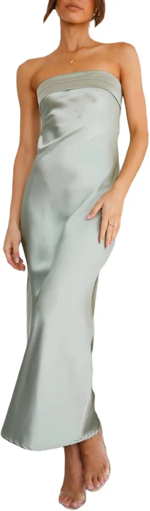 Satin Silk Slip Maxi Dress for Wedding Guest Women Bodycon Strapless Off Shoulder Midi Tube Dresses