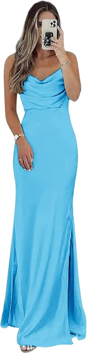 Sevintage Satin Slip Bridesmaid Dresses for Women Spaghetti Strap Long Fitted Prom Formal Evening Gown Slit