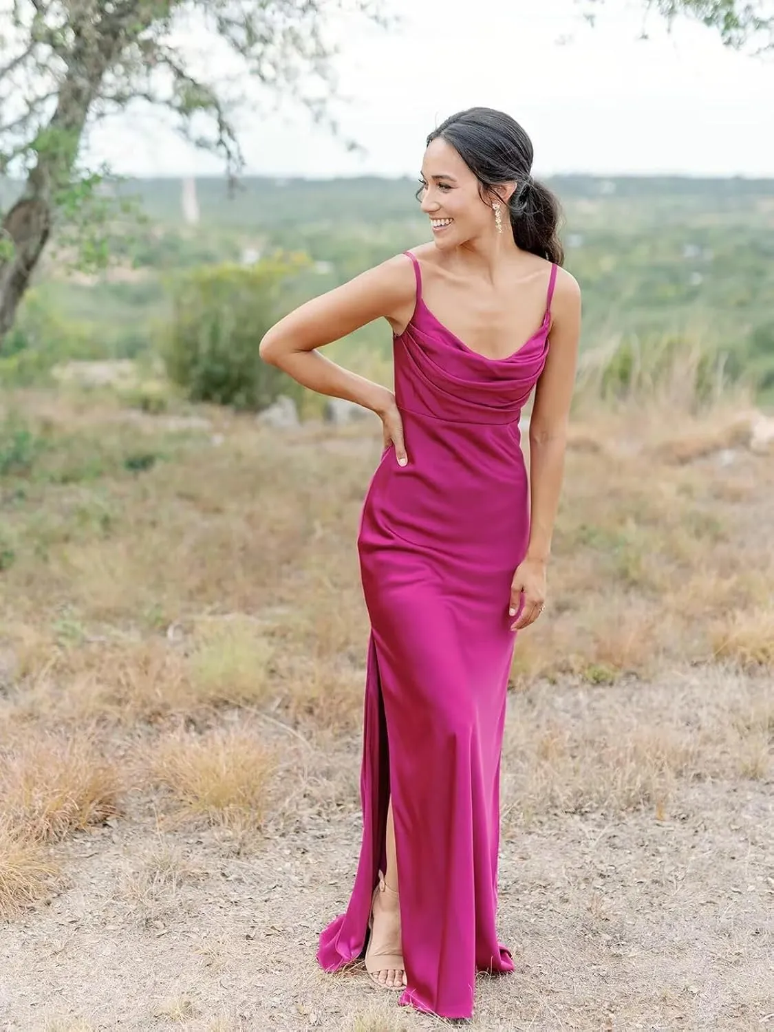 Sevintage Satin Slip Bridesmaid Dresses for Women Spaghetti Strap Long Fitted Prom Formal Evening Gown Slit