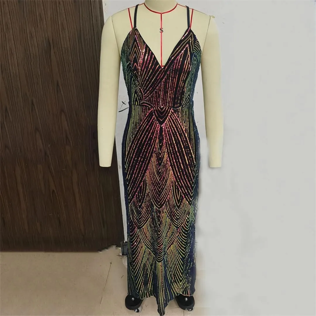Sexy Backless Maxi Slip Sequin Dress Women Elegant Bodycon Long Night Club Party Dress Birthday Evening Dresses
