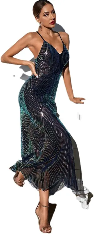 Sexy Backless Maxi Slip Sequin Dress Women Elegant Bodycon Long Night Club Party Dress Birthday Evening Dresses