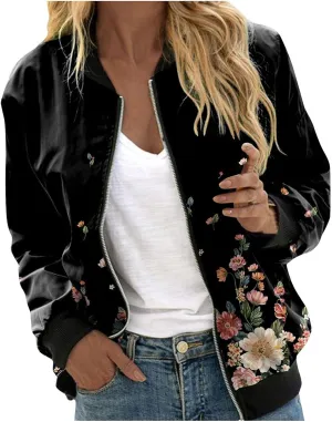 SHAOBGE Womens Casual Daily Jackets Lightweight Zip Up Casual Jacket Floral Print Coat Stand Collar Short Women's Utility