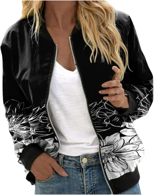 SHAOBGE Womens Casual Daily Jackets Lightweight Zip Up Casual Jacket Floral Print Coat Stand Collar Short Women's Utility