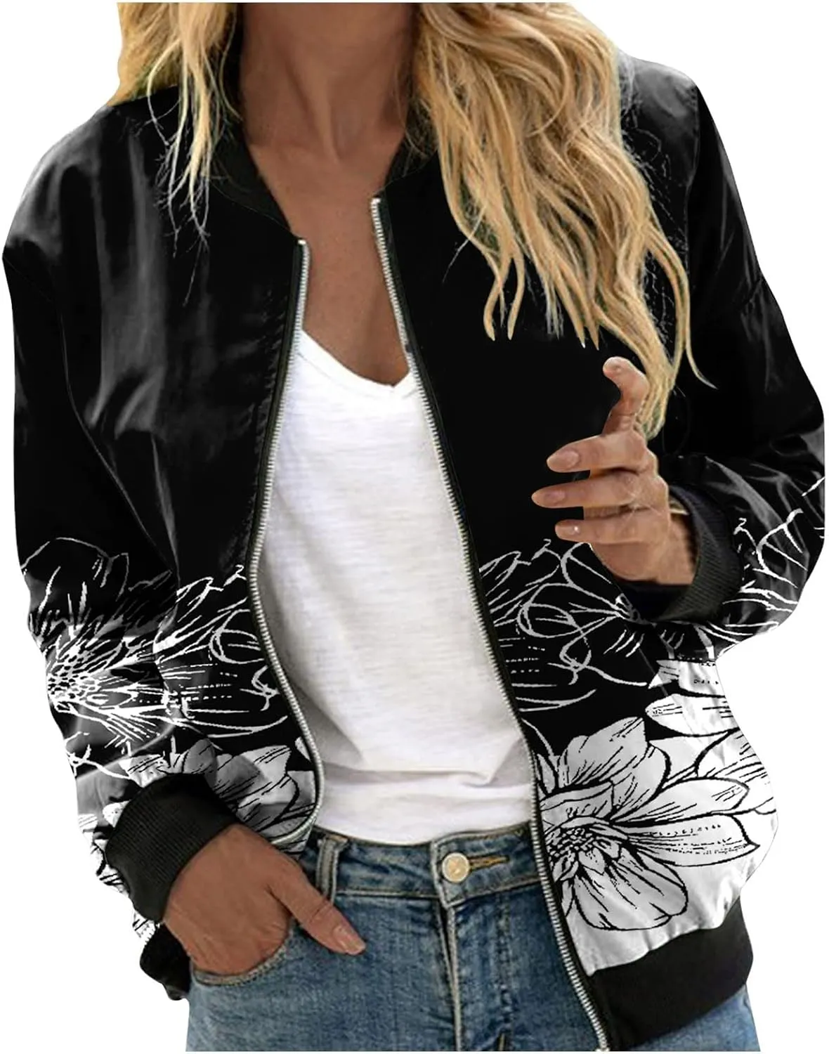 SHAOBGE Womens Casual Daily Jackets Lightweight Zip Up Casual Jacket Floral Print Coat Stand Collar Short Women's Utility
