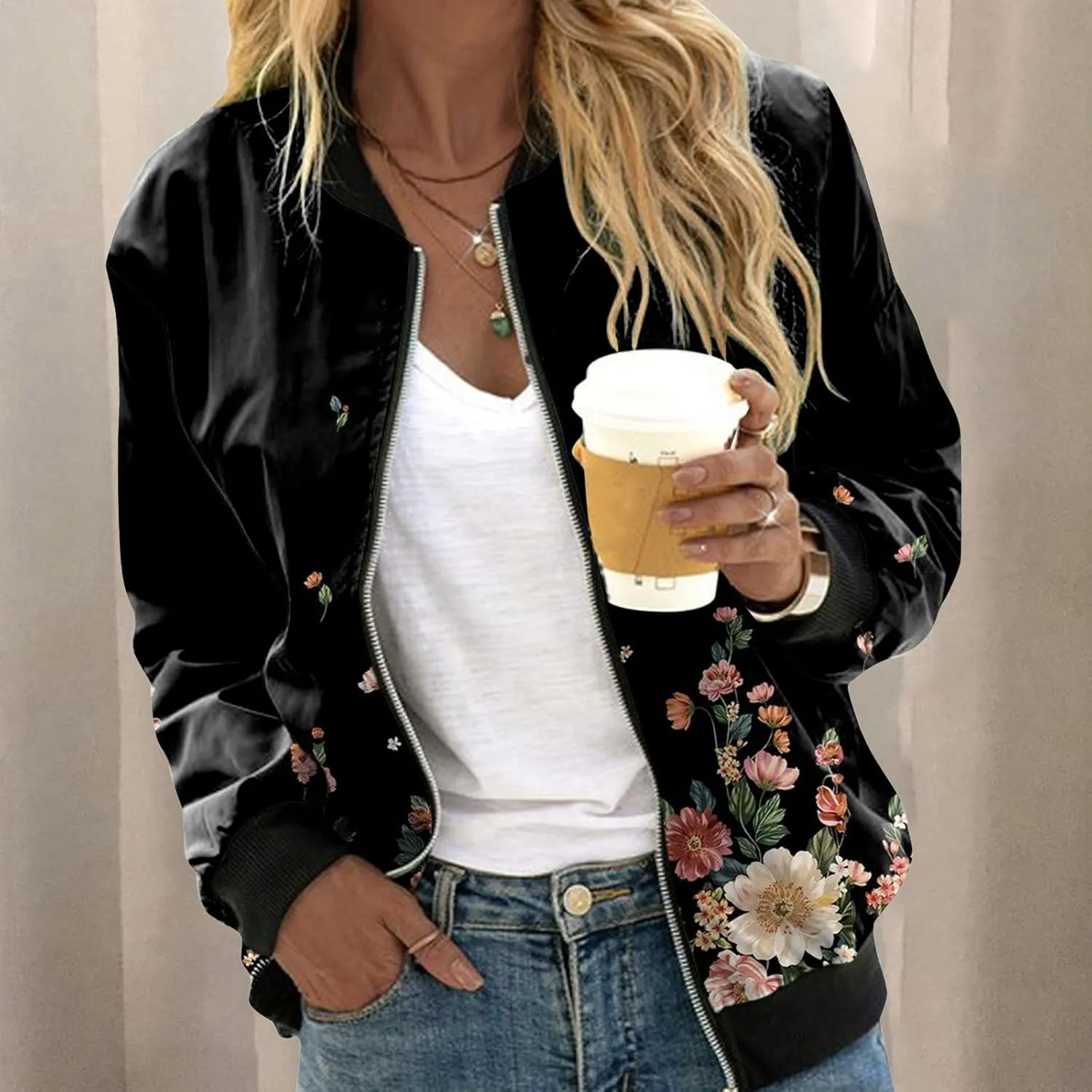 SHAOBGE Womens Casual Daily Jackets Lightweight Zip Up Casual Jacket Floral Print Coat Stand Collar Short Women's Utility