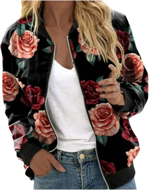 SHAOBGE Womens Casual Daily Jackets Lightweight Zip Up Casual Jacket Floral Print Coat Stand Collar Short Women's Utility