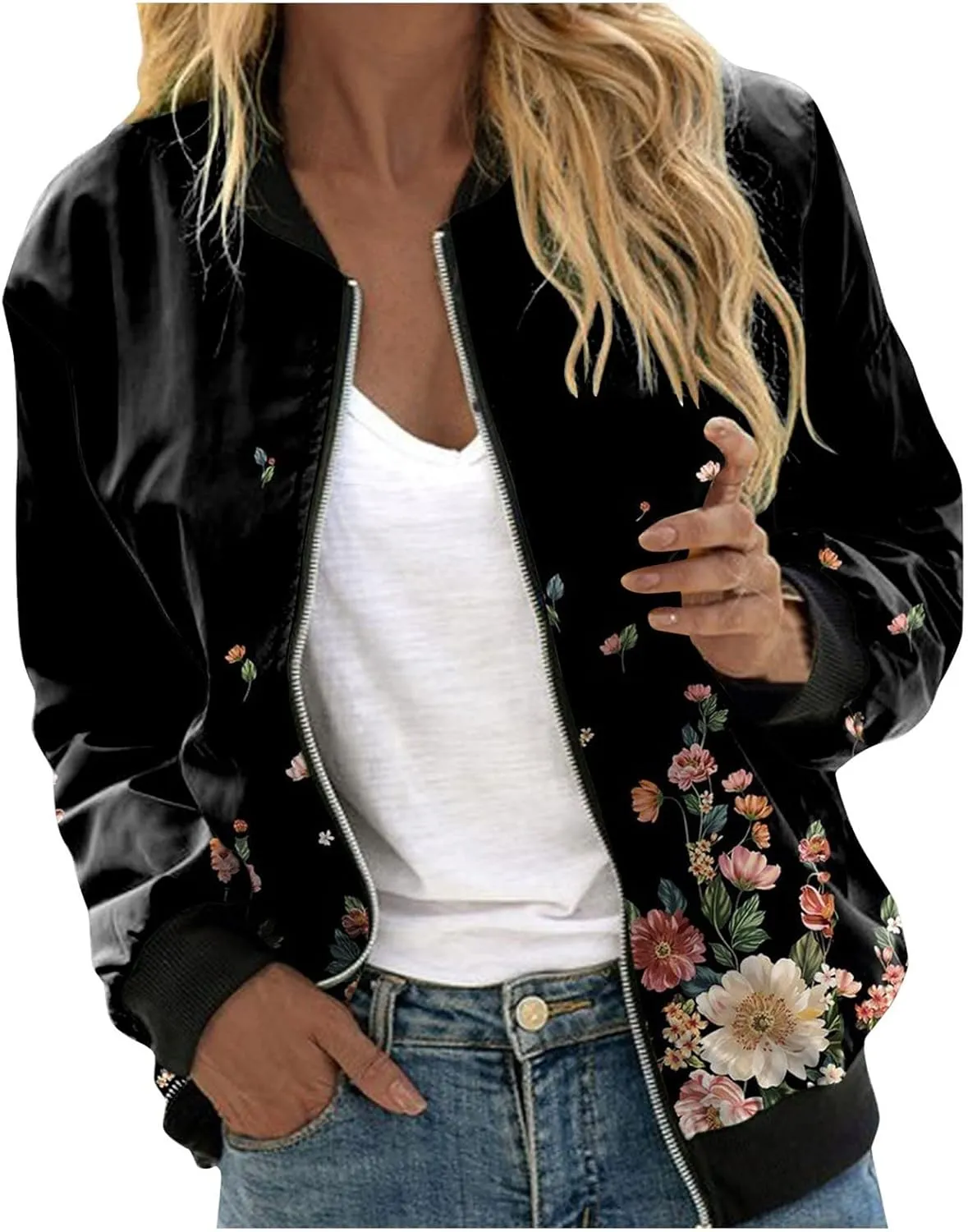 SHAOBGE Womens Casual Daily Jackets Lightweight Zip Up Casual Jacket Floral Print Coat Stand Collar Short Women's Utility