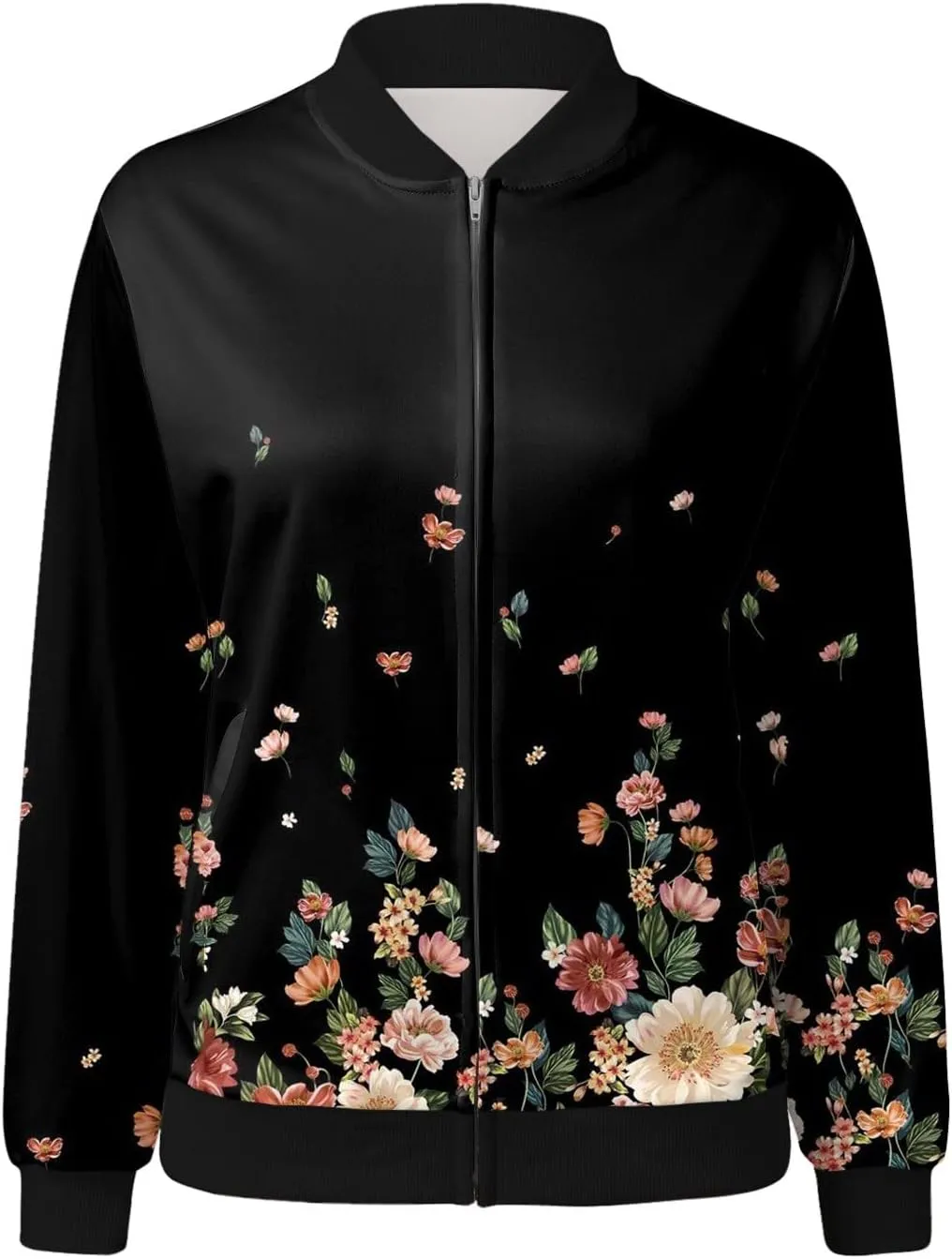 SHAOBGE Womens Casual Daily Jackets Lightweight Zip Up Casual Jacket Floral Print Coat Stand Collar Short Women's Utility
