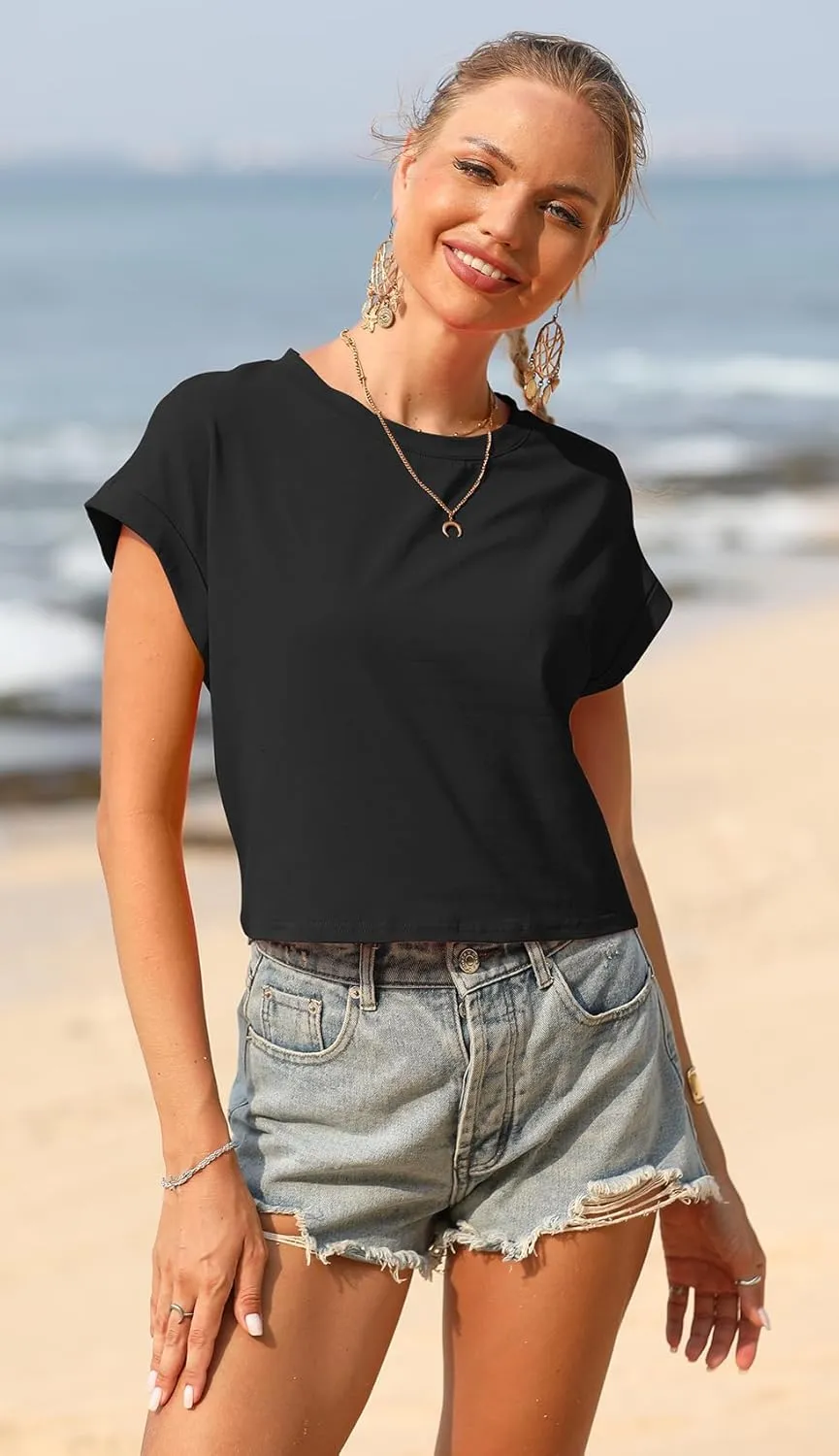 Sherosa Women's Loose Crop Tops Rolled Short Sleeve Round Neck Summer Basic Cropped T Shirts