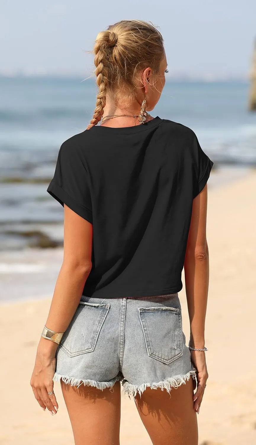 Sherosa Women's Loose Crop Tops Rolled Short Sleeve Round Neck Summer Basic Cropped T Shirts