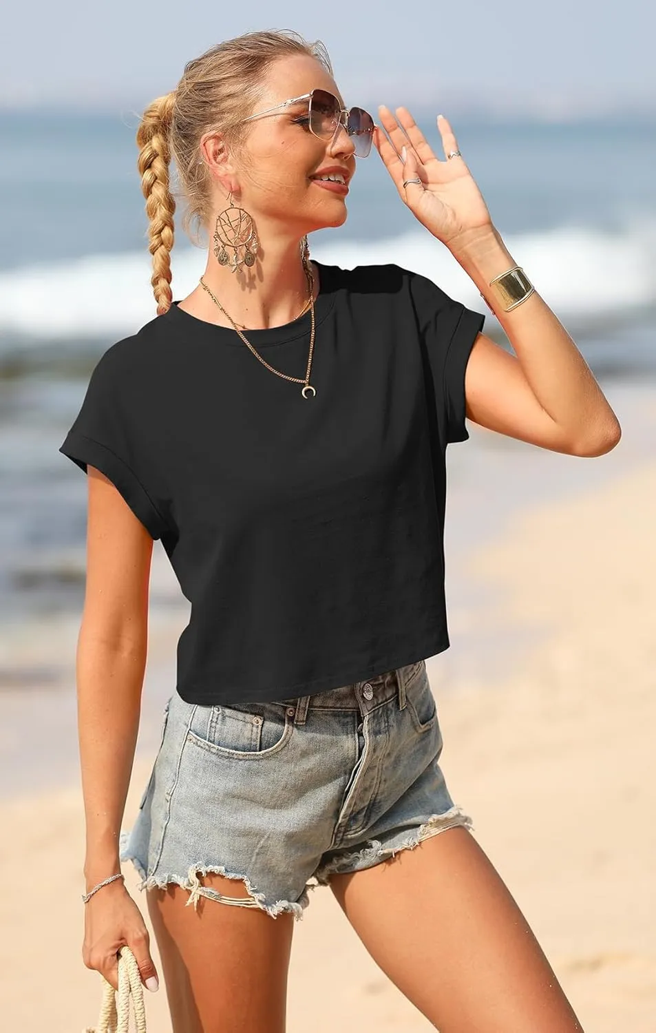 Sherosa Women's Loose Crop Tops Rolled Short Sleeve Round Neck Summer Basic Cropped T Shirts
