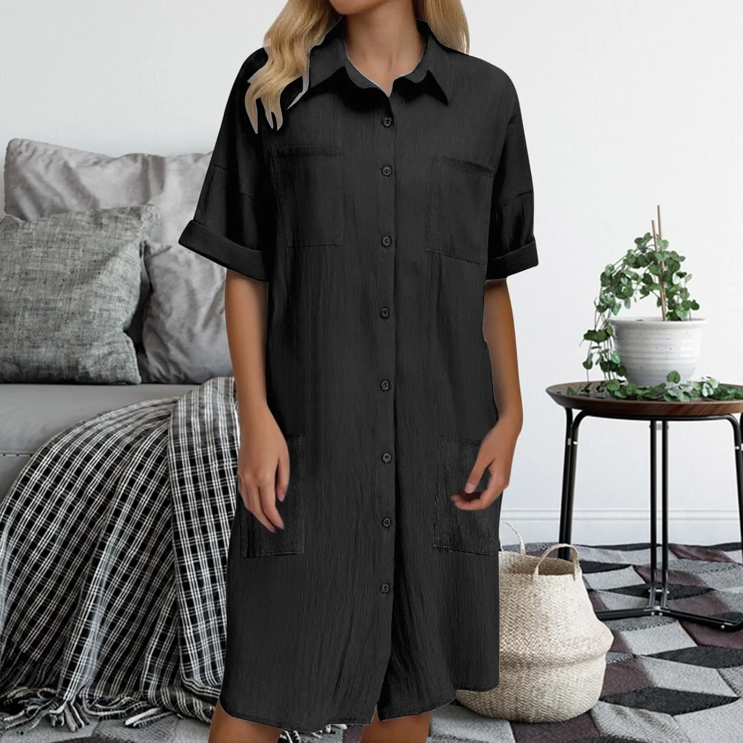 Shirt Dresses for Women Button Down Dress Short Sleeve Collared Business Casual Shift Loose Dresses with Pockets
