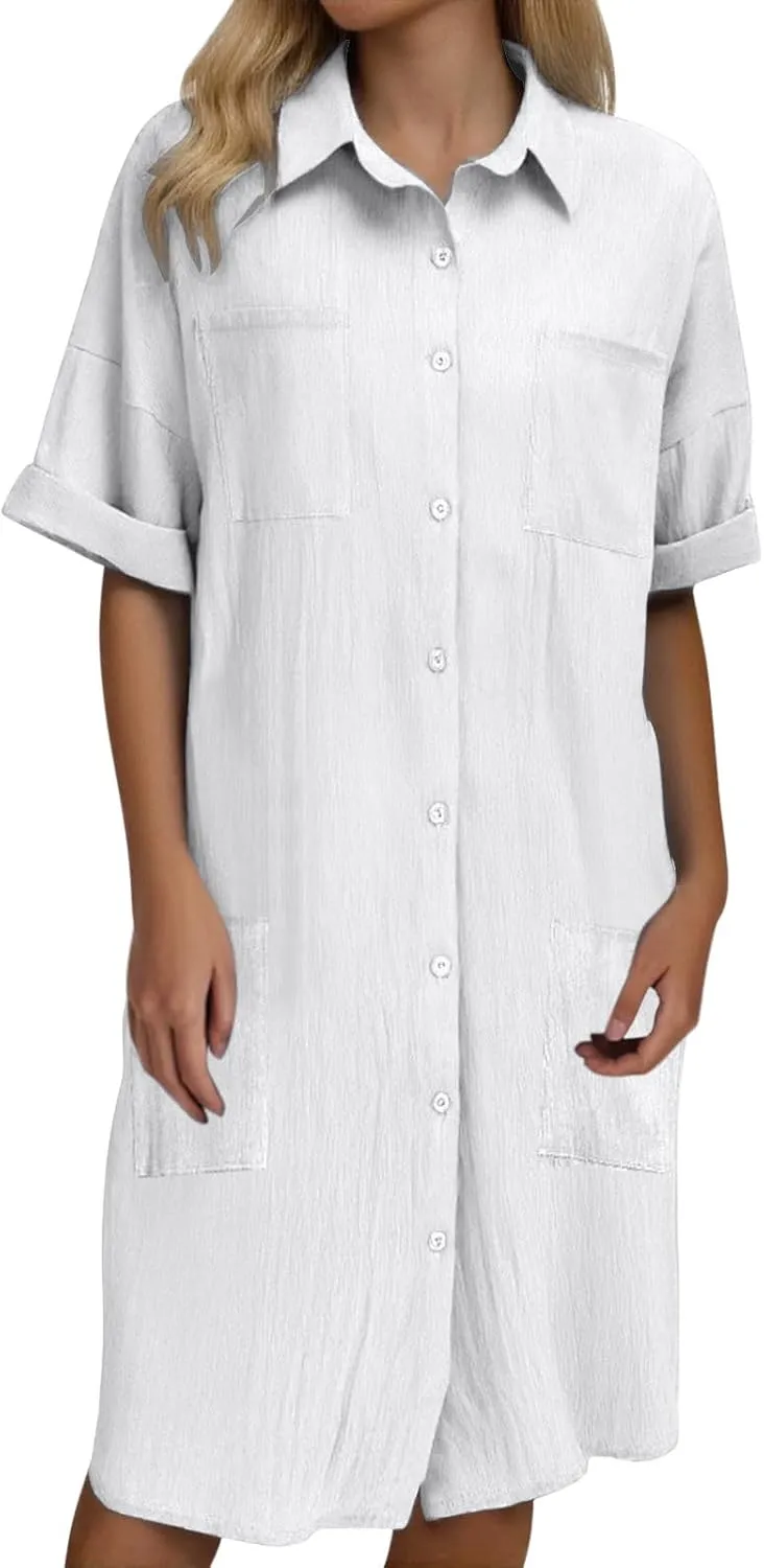 Shirt Dresses for Women Button Down Dress Short Sleeve Collared Business Casual Shift Loose Dresses with Pockets