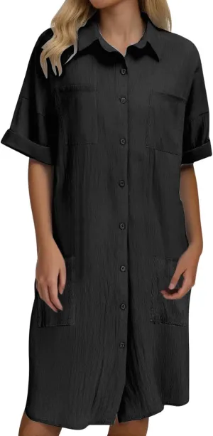Shirt Dresses for Women Button Down Dress Short Sleeve Collared Business Casual Shift Loose Dresses with Pockets