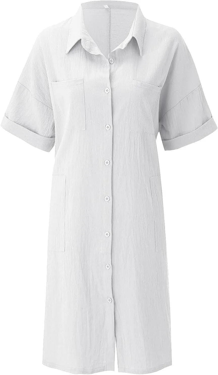 Shirt Dresses for Women Button Down Dress Short Sleeve Collared Business Casual Shift Loose Dresses with Pockets