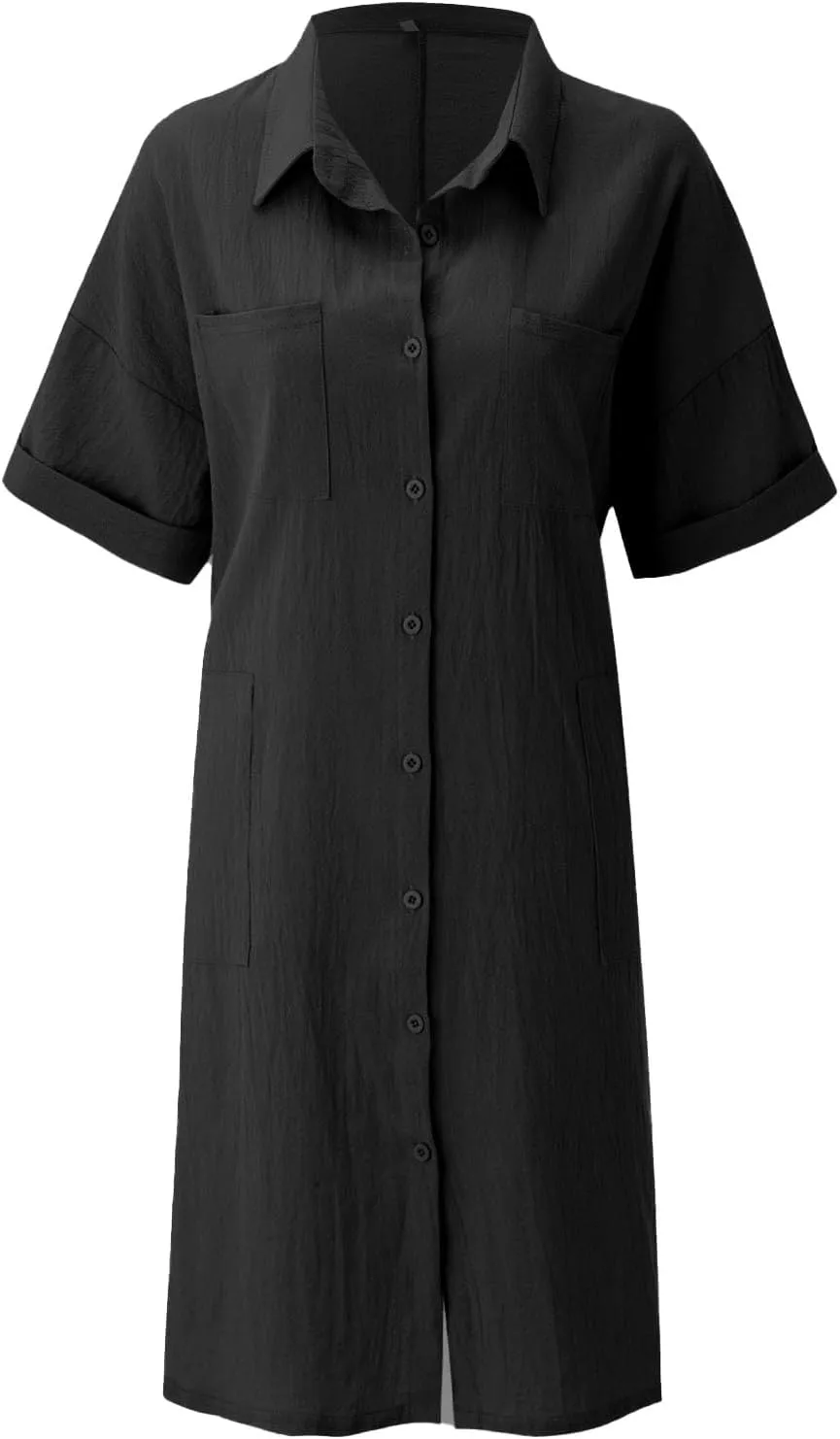 Shirt Dresses for Women Button Down Dress Short Sleeve Collared Business Casual Shift Loose Dresses with Pockets