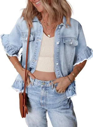 Sidefeel Womens Denim Jackets Casual Short Sleeve Button Down Trendy Ruffle Washed Jean Jackets Coat