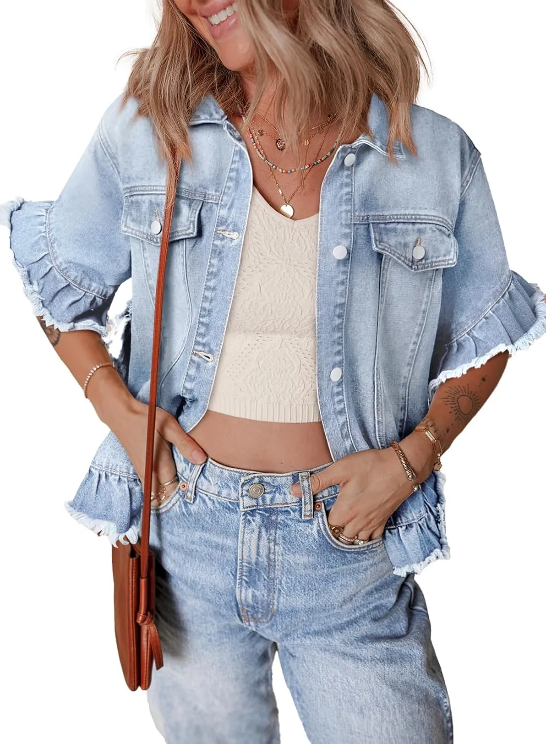 Sidefeel Womens Denim Jackets Casual Short Sleeve Button Down Trendy Ruffle Washed Jean Jackets Coat