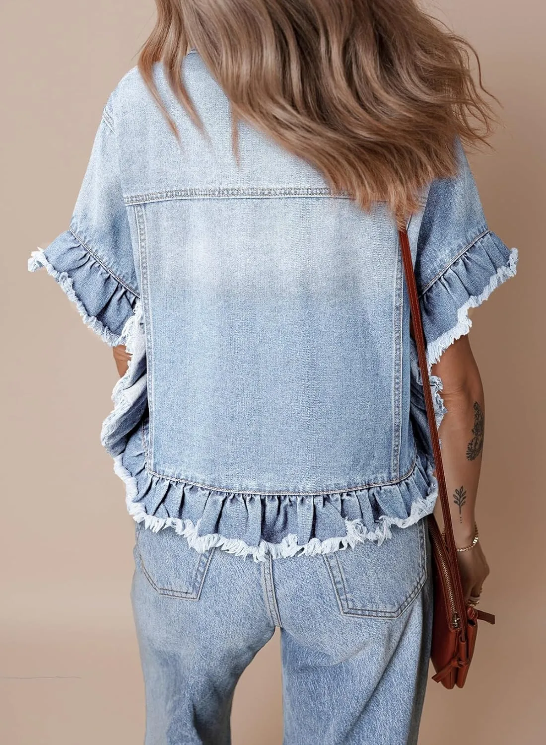 Sidefeel Womens Denim Jackets Casual Short Sleeve Button Down Trendy Ruffle Washed Jean Jackets Coat