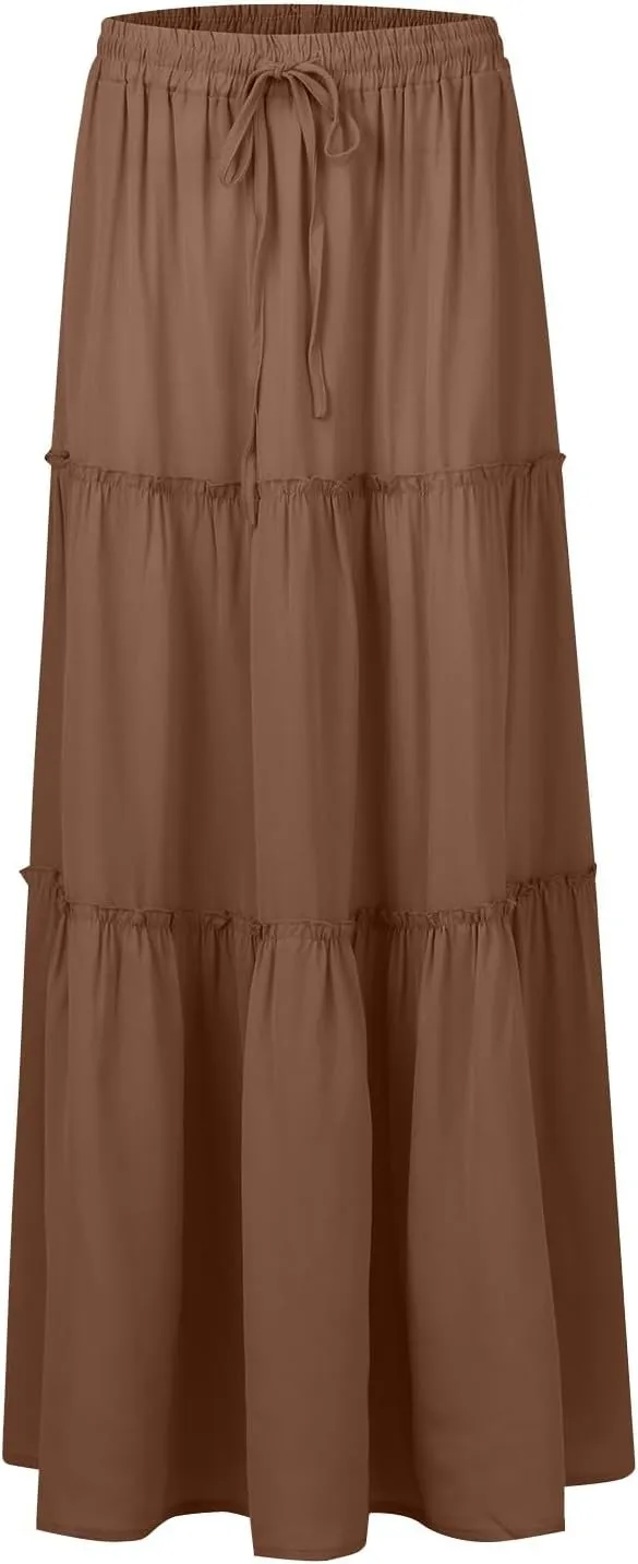 Silk Maxi Skirts for Women Long Tiered Elastic High Waisted Skirts Drawstring Pleated Dance Flowy Skirt with Pockets