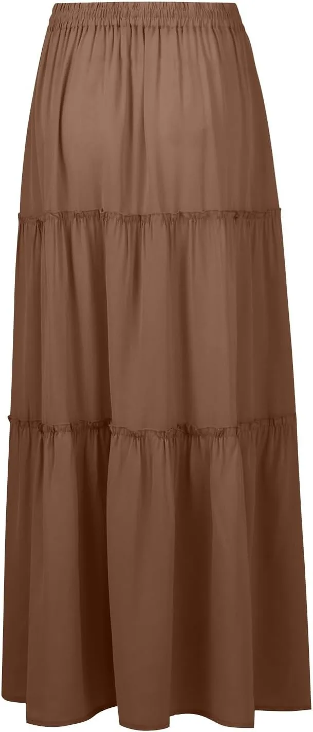 Silk Maxi Skirts for Women Long Tiered Elastic High Waisted Skirts Drawstring Pleated Dance Flowy Skirt with Pockets