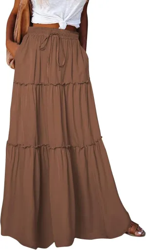Silk Maxi Skirts for Women Long Tiered Elastic High Waisted Skirts Drawstring Pleated Dance Flowy Skirt with Pockets