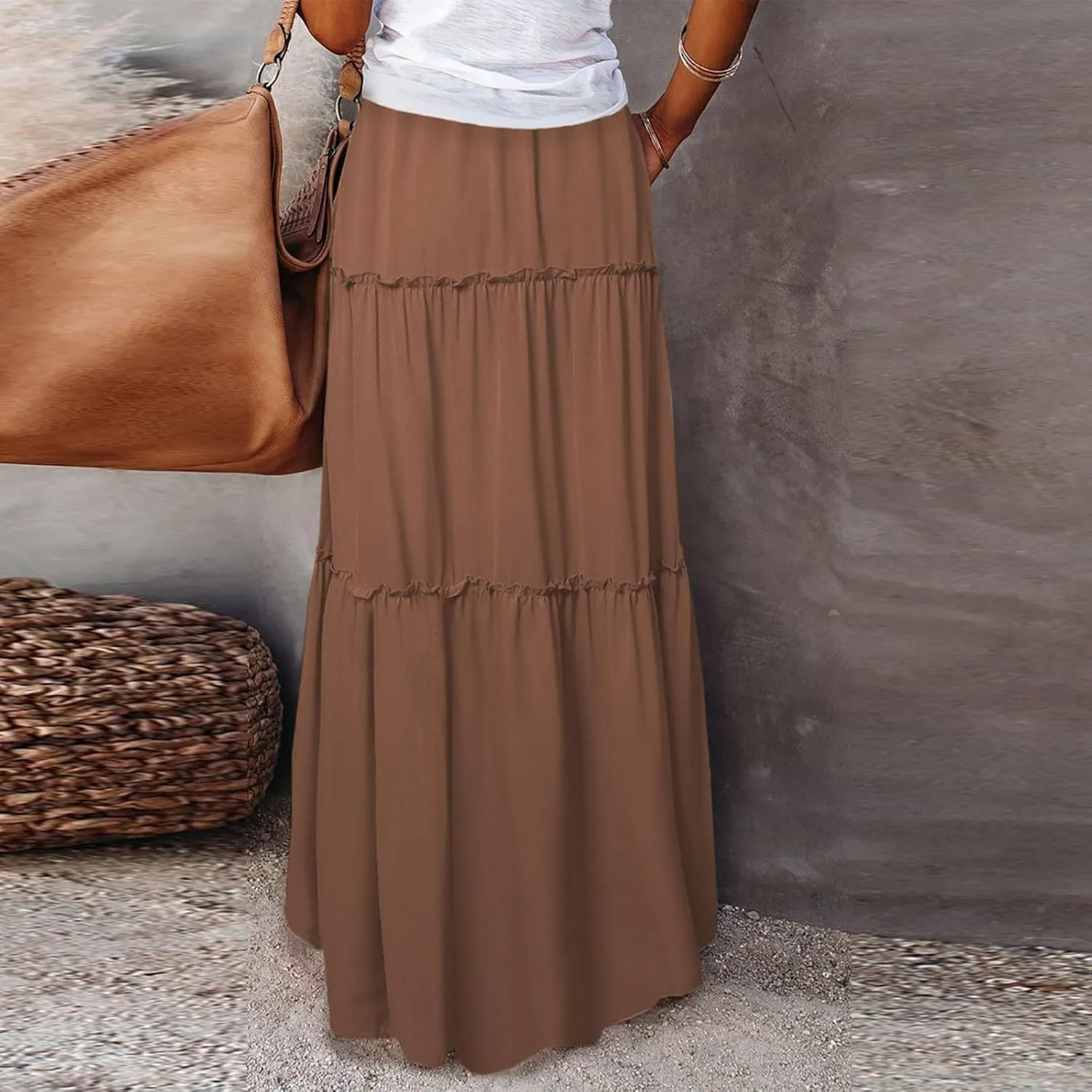 Silk Maxi Skirts for Women Long Tiered Elastic High Waisted Skirts Drawstring Pleated Dance Flowy Skirt with Pockets