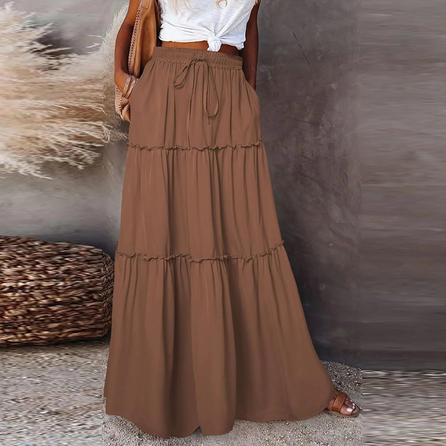 Silk Maxi Skirts for Women Long Tiered Elastic High Waisted Skirts Drawstring Pleated Dance Flowy Skirt with Pockets