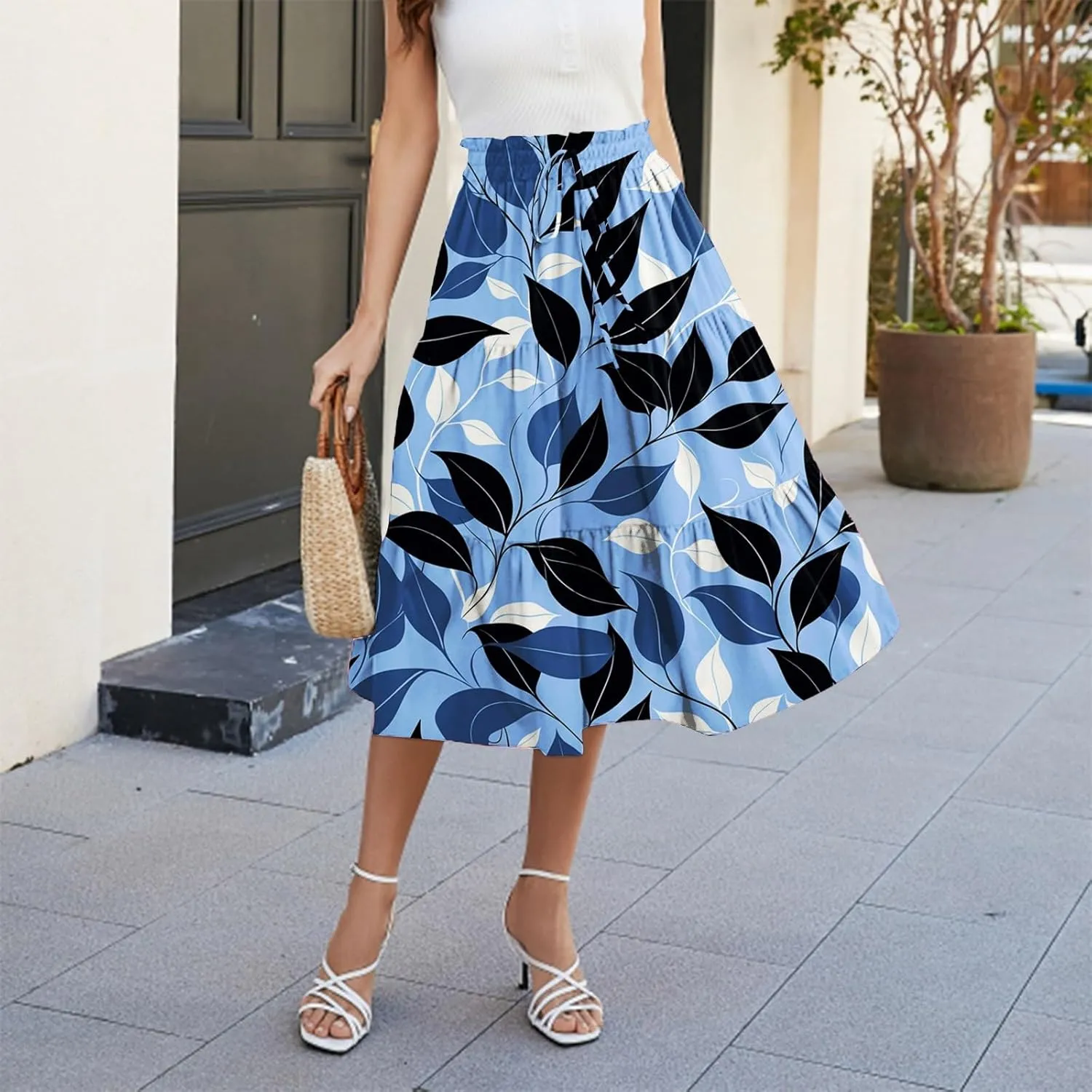 Skirts for Women Beach Vacation Casual Summer Fake Drawstring Floral Pleated A Line Boho Cute Tiered Skirts