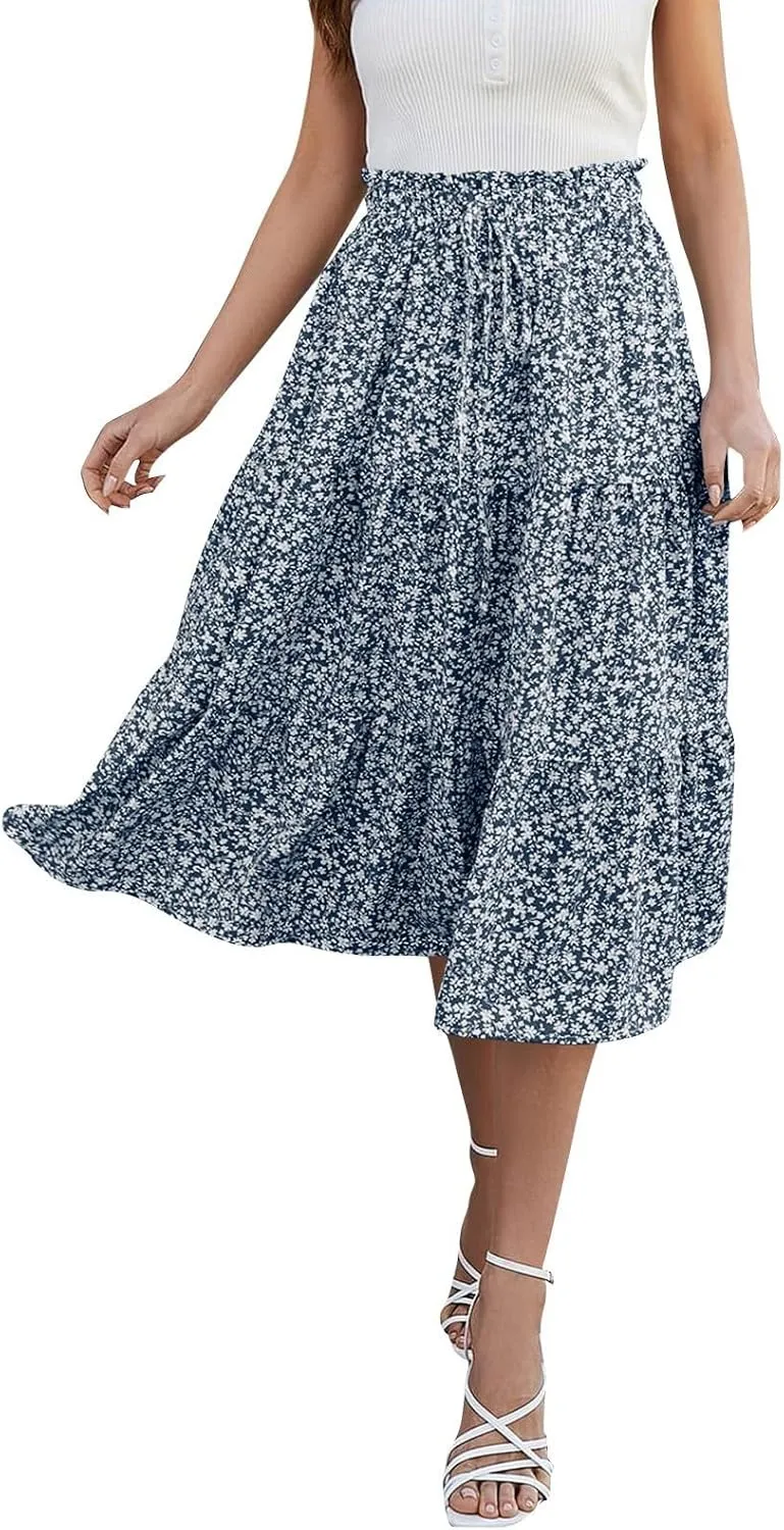 Skirts for Women Elastic Waist Loose Lace Casual Summer Fake Drawstring Flowy Tiered Renaissance Skirt
