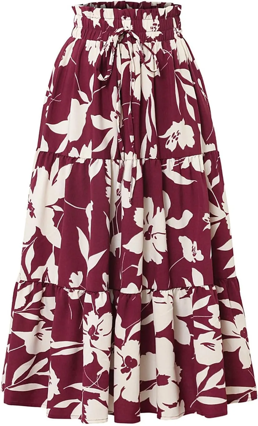 Skirts for Women Elastic Waist Loose Lace Casual Summer Fake Drawstring Flowy Tiered Renaissance Skirt