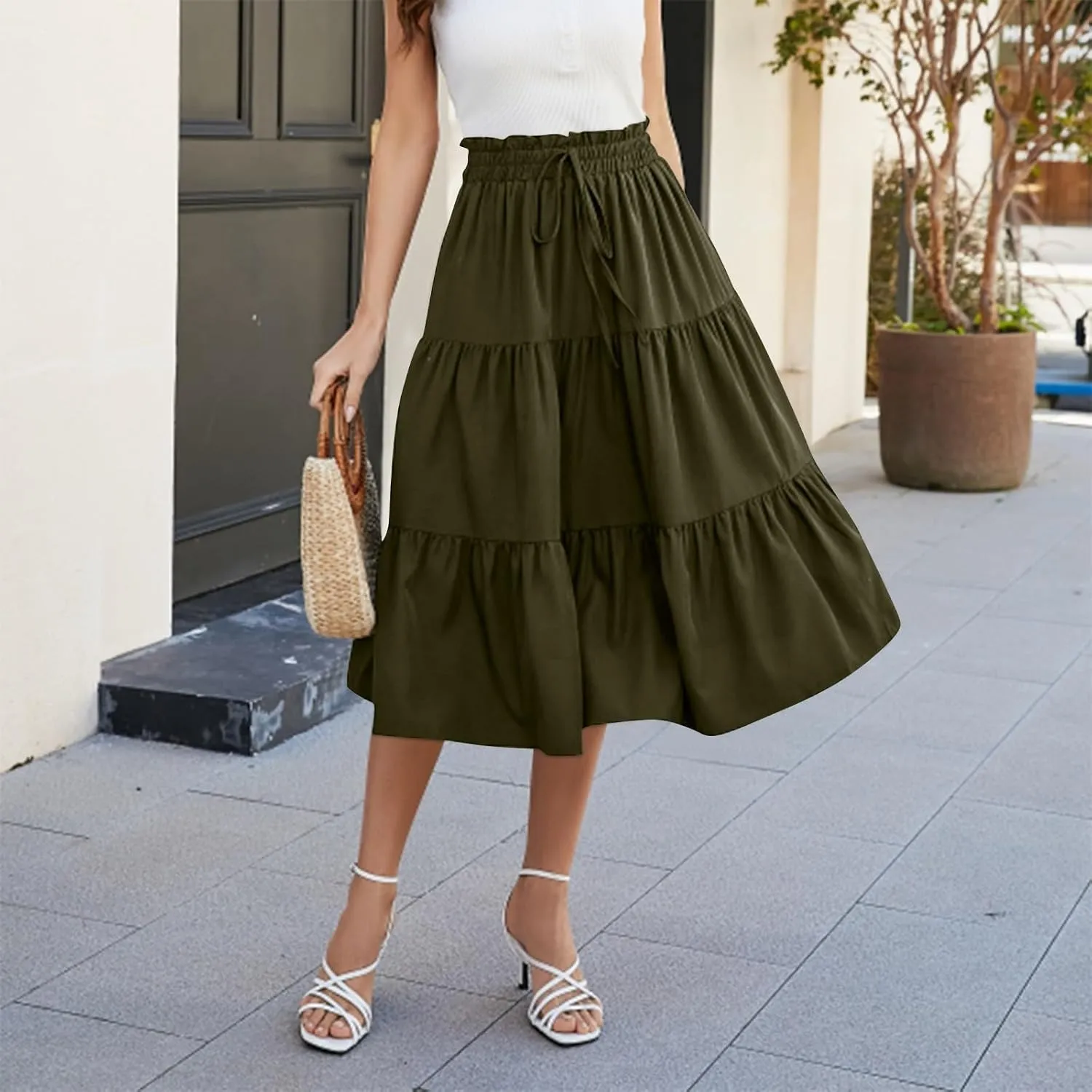 Skirts for Women Elastic Waist Loose Lace Casual Summer Fake Drawstring Flowy Tiered Renaissance Skirt