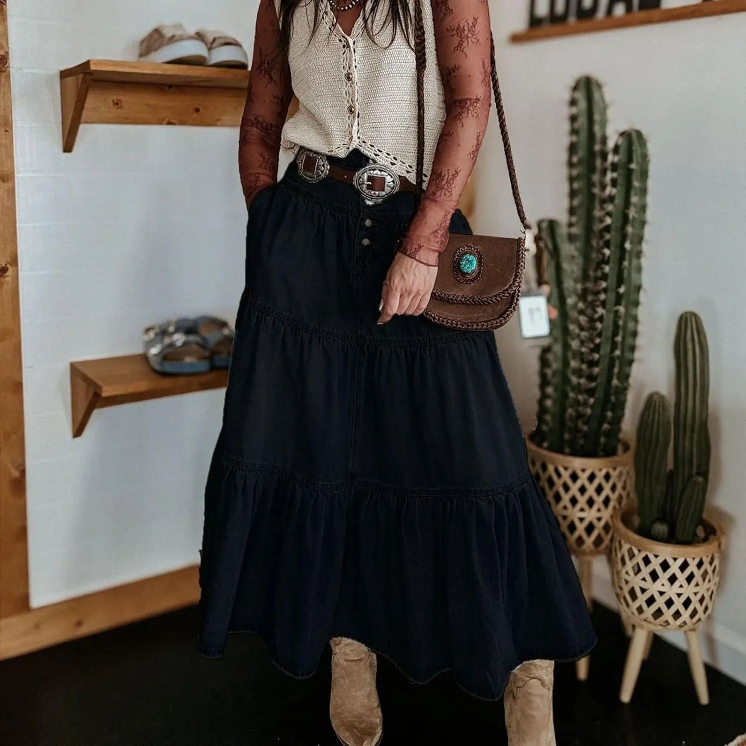 Skirts for Women,Long Denim Button Down High Waist Tiered Ruffle Swing A-Line Jean Maxi Skirt