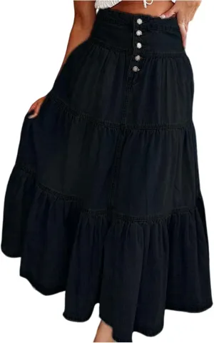 Skirts for Women,Long Denim Button Down High Waist Tiered Ruffle Swing A-Line Jean Maxi Skirt