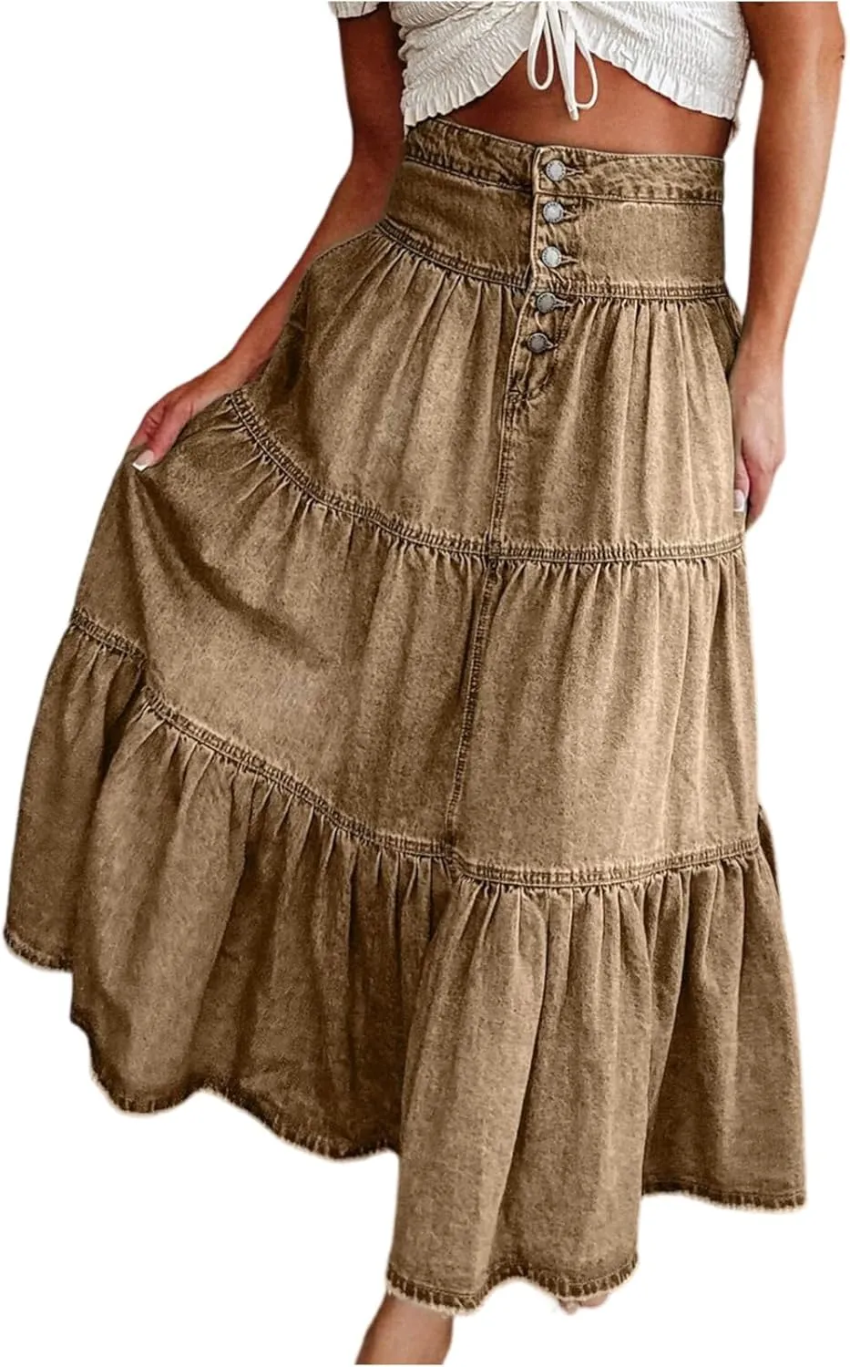 Skirts for Women,Long Denim Button Down High Waist Tiered Ruffle Swing A-Line Jean Maxi Skirt