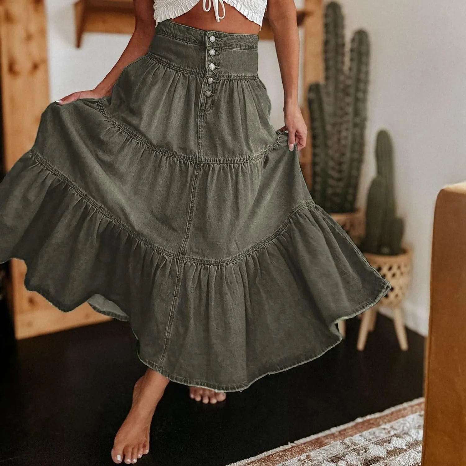 Skirts for Women,Long Denim Button Down High Waist Tiered Ruffle Swing A-Line Jean Maxi Skirt